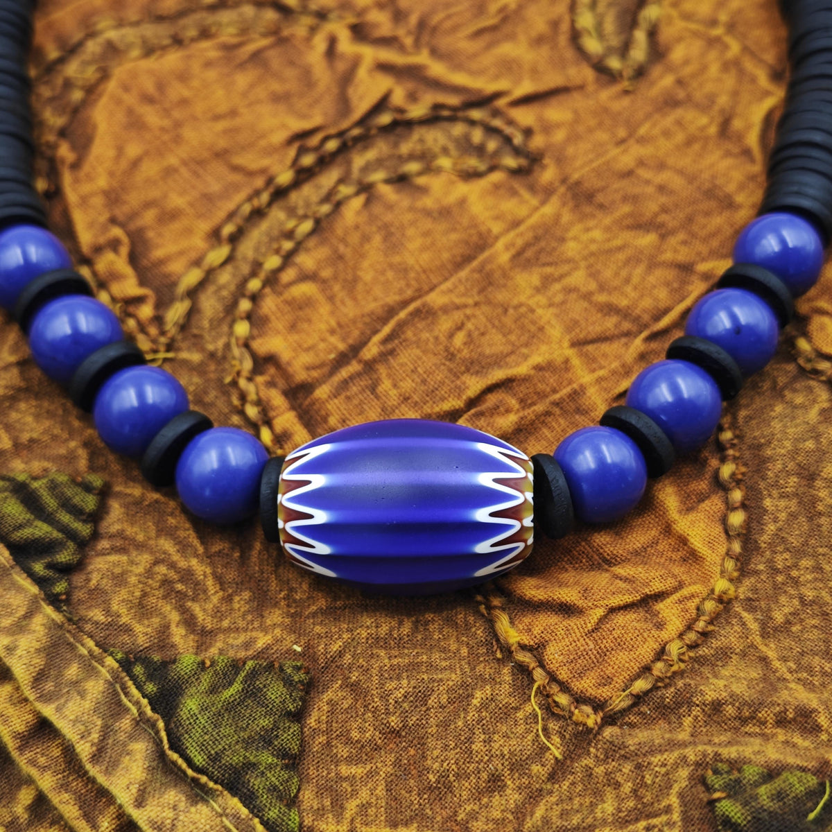 Large African Trade Bead Necklace with Lapis Lazuli & Coconut, Ethnic Tribal Bohemian Jewelry