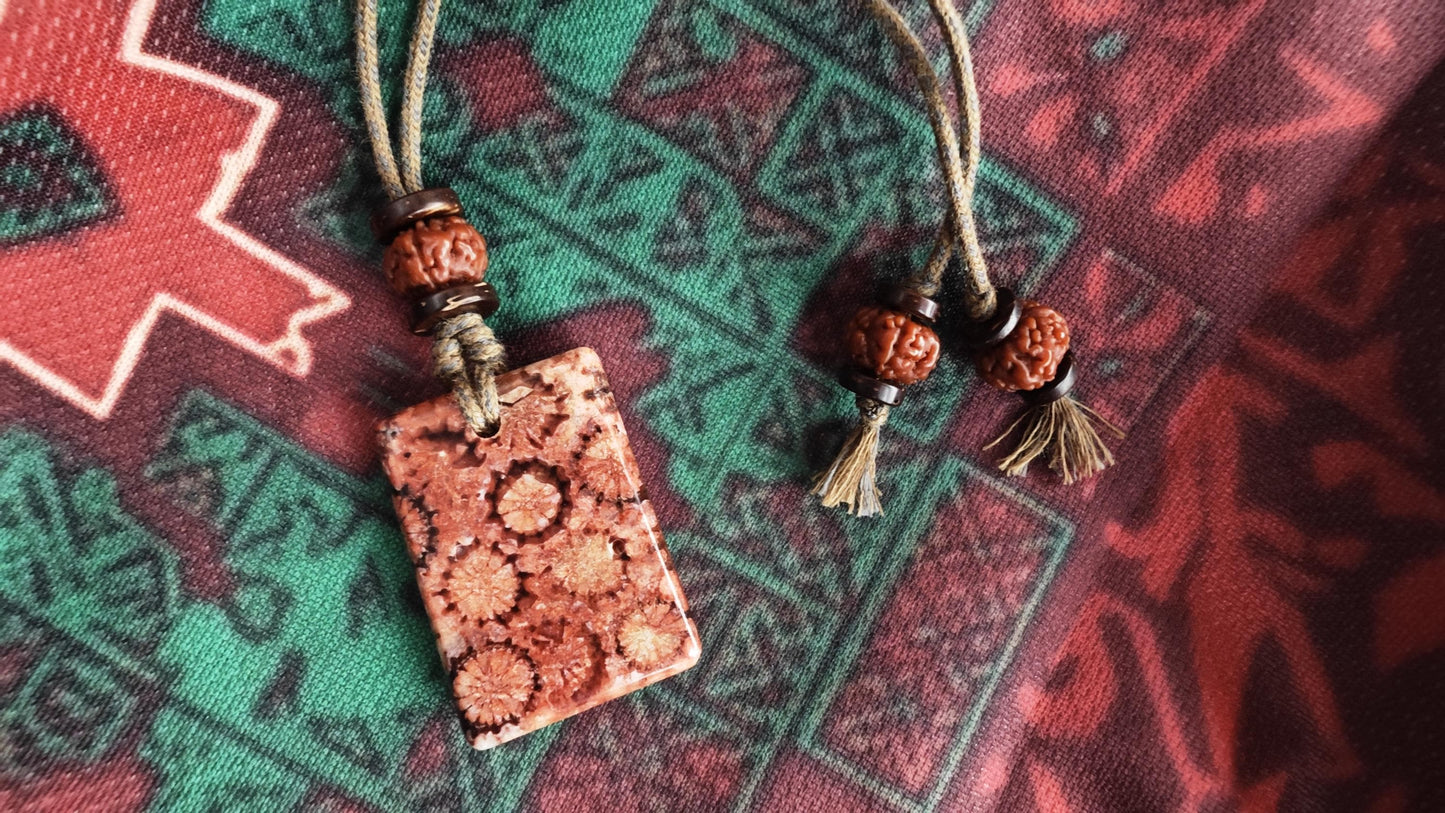 Coral Fossil Pendant Necklace, Rudraksha Mala, Coconut Disc, Tribal Choker (Adjustable 40-60cm)