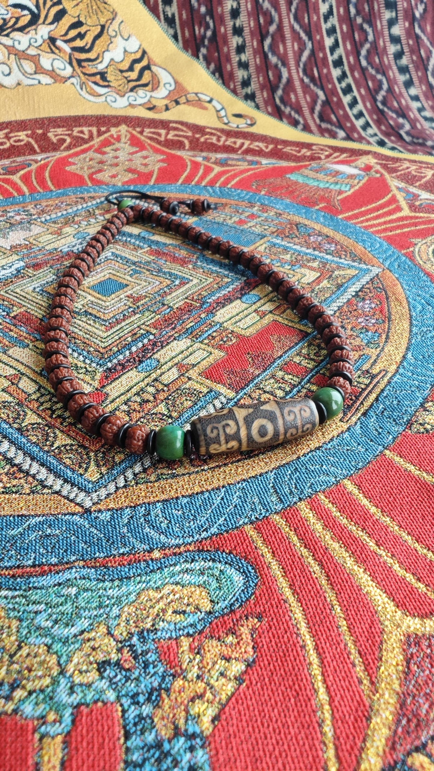 Vintage Tibetan Dzi Bead Mala Necklace, Green Turquoise Amulet, Sacred Protection Choker