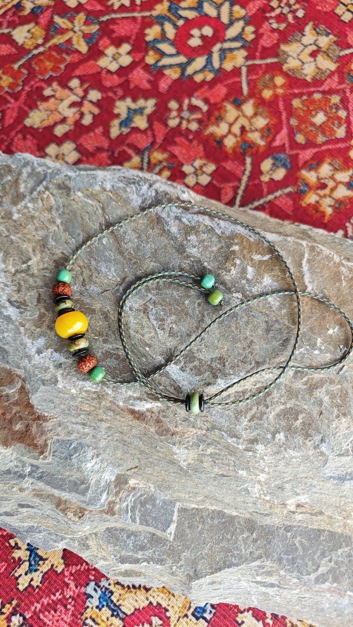 Natural Yellow Jade Focal Bead Necklace, Turquoise Rudraksha Mala Choker, Coconut Shell Ethnic Tribal Jewelry, Unisex Adjustable 42-70cm