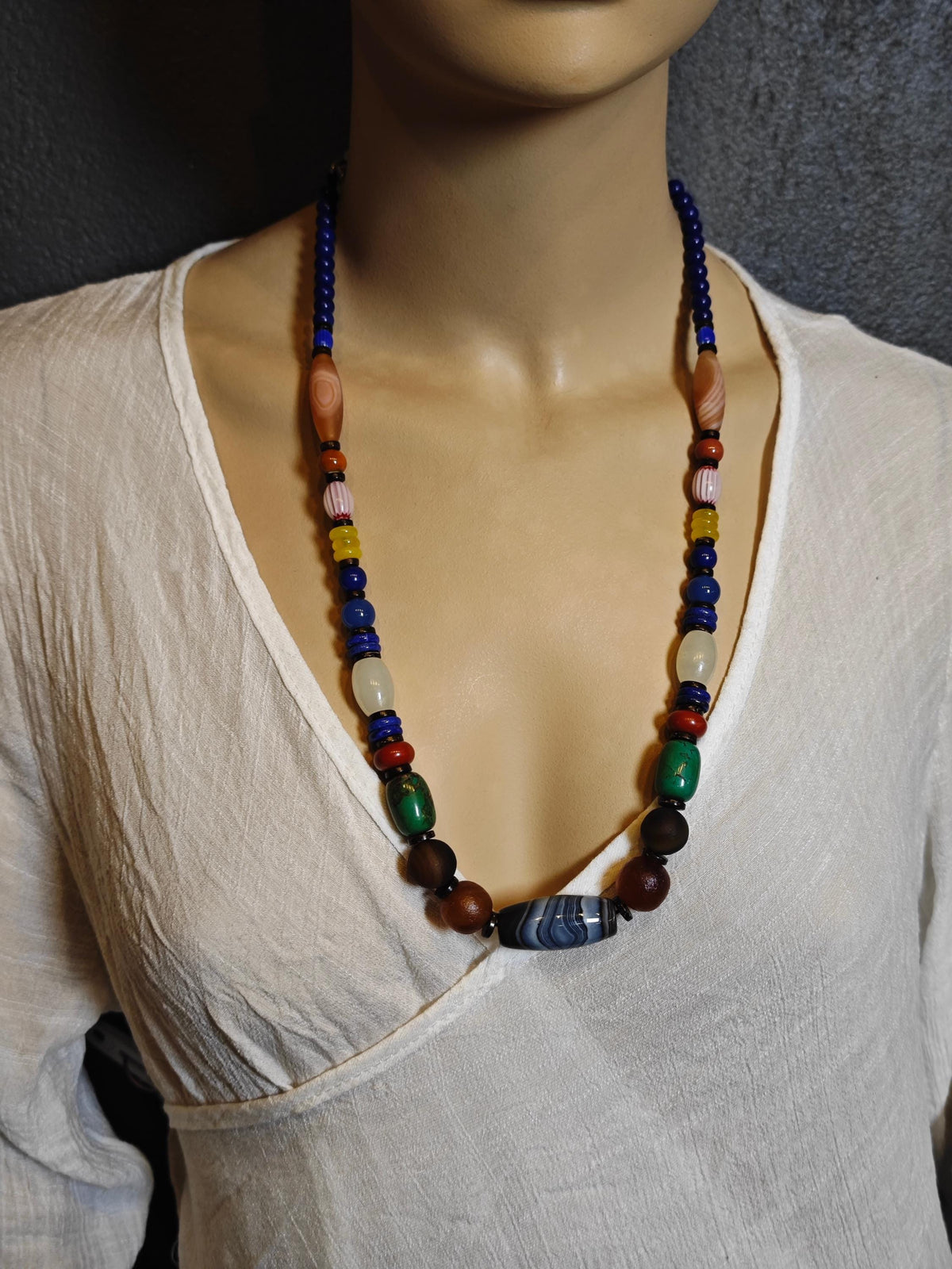 Handmade Multi Gemstone Necklace with Sardonyx Agate & Turquoise | Long Ethnic Bohemian Jewelry