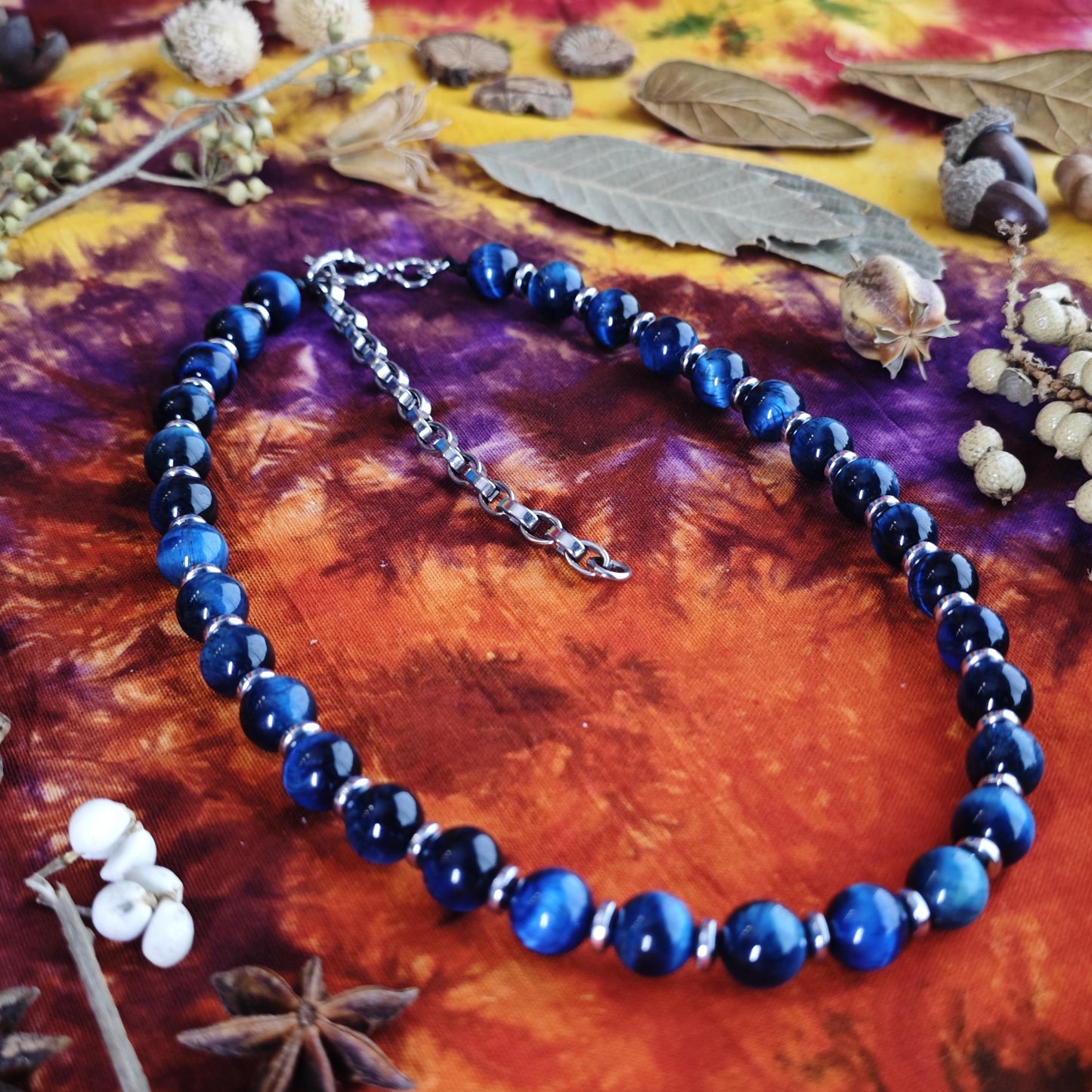 Handmade Blue Tiger's Eye Necklace with Hematite, Adjustable Ethnic Boho Jewelry