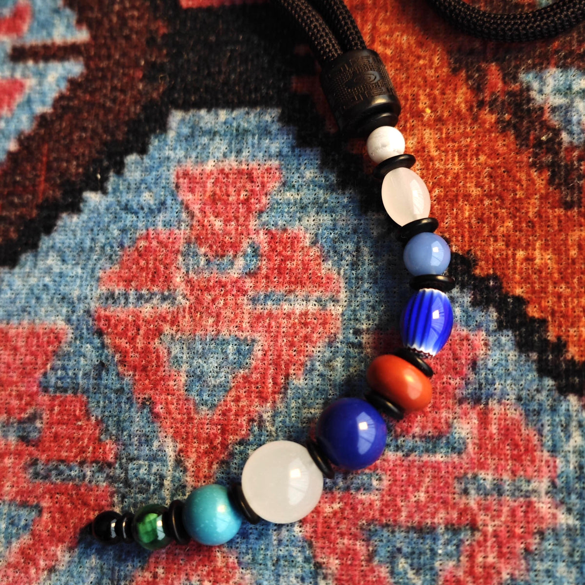Multi-Gemstone Beaded Pendant Necklace, Mutton Fat White Jade, Lapis Lazuli, Turquoise, African Trade Bead, Long Boho Black Cord Necklace