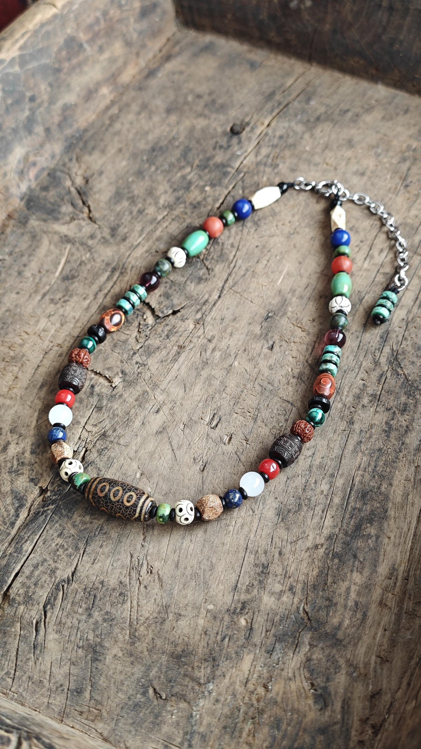 Vintage 3-Eye Dzi Bead Multi Gemstone Necklace, Turquoise Lapis Lazuli Mala, Boho Yoga Amulet