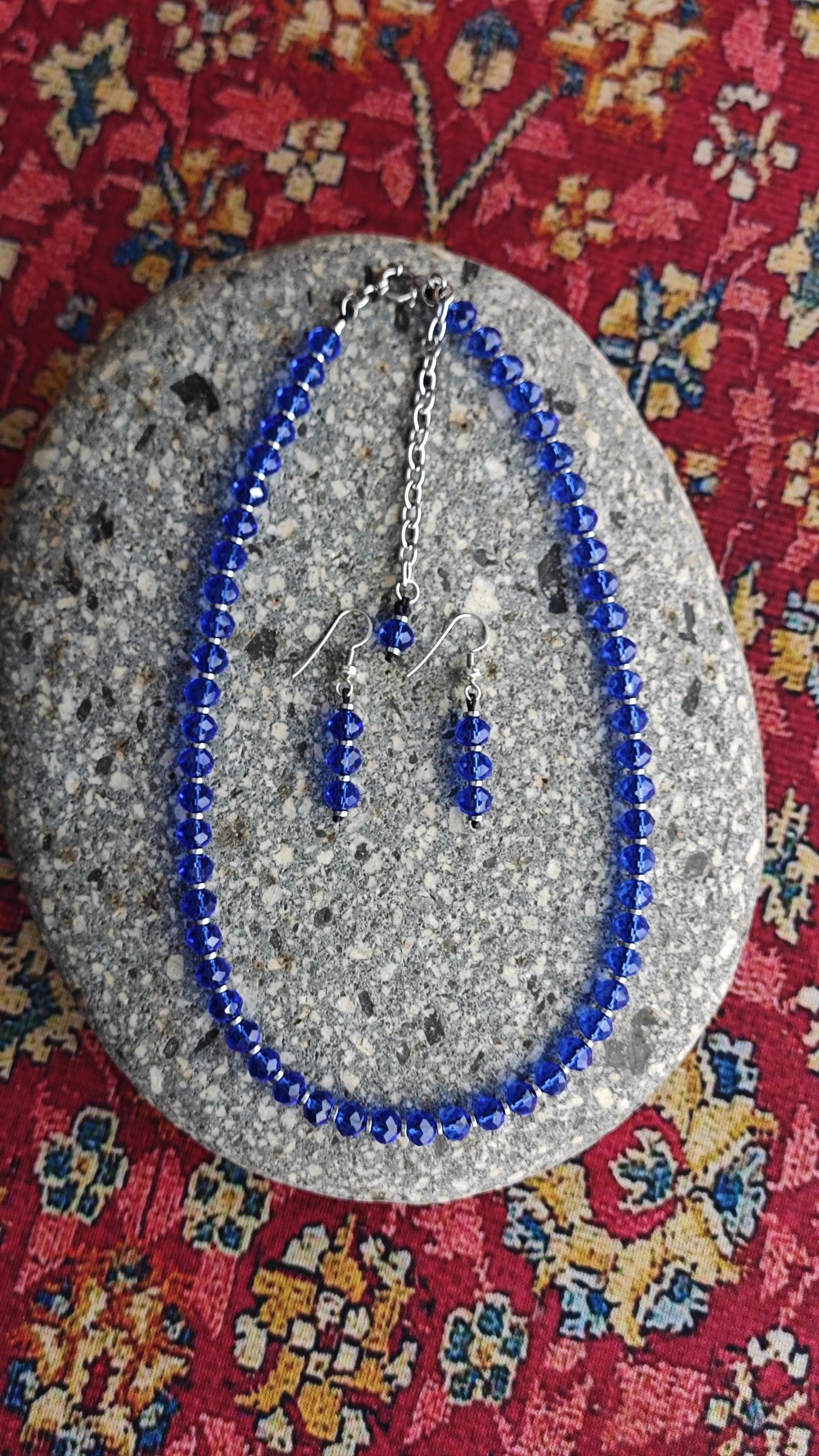 Cobalt Royal Blue Liuli Beaded Necklace Earring Set, Hematite Spacer, 925 Sterling Silver Hook, Handmade Glass Jewelry Set, 42-50cm