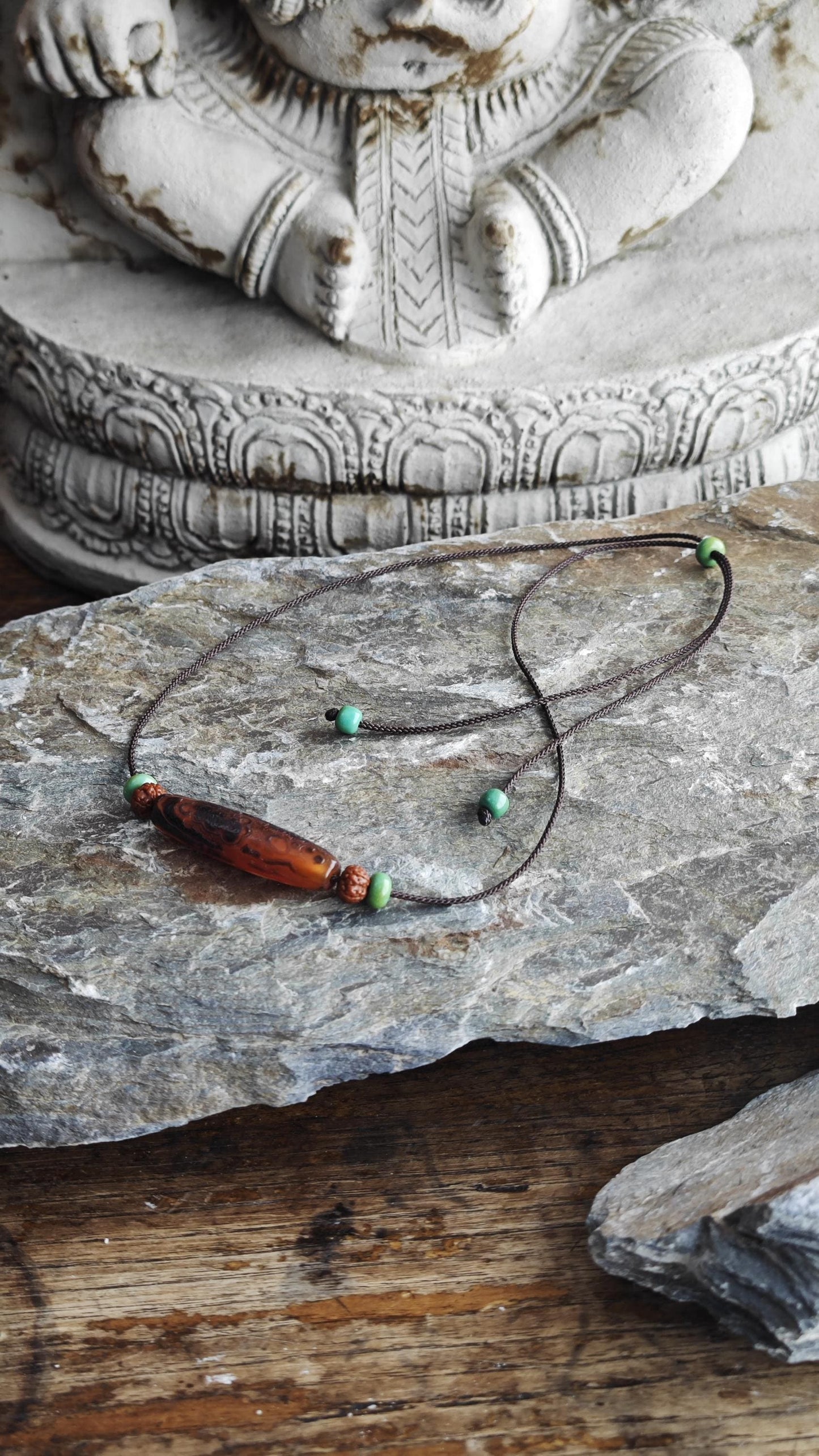 Tibetan Banded Agate Dzi Bead Necklace, Turquoise Rudraksha Mala Choker, Zen Tribal Boho Amulet, Adjustable Cord Pendant 40-70cm