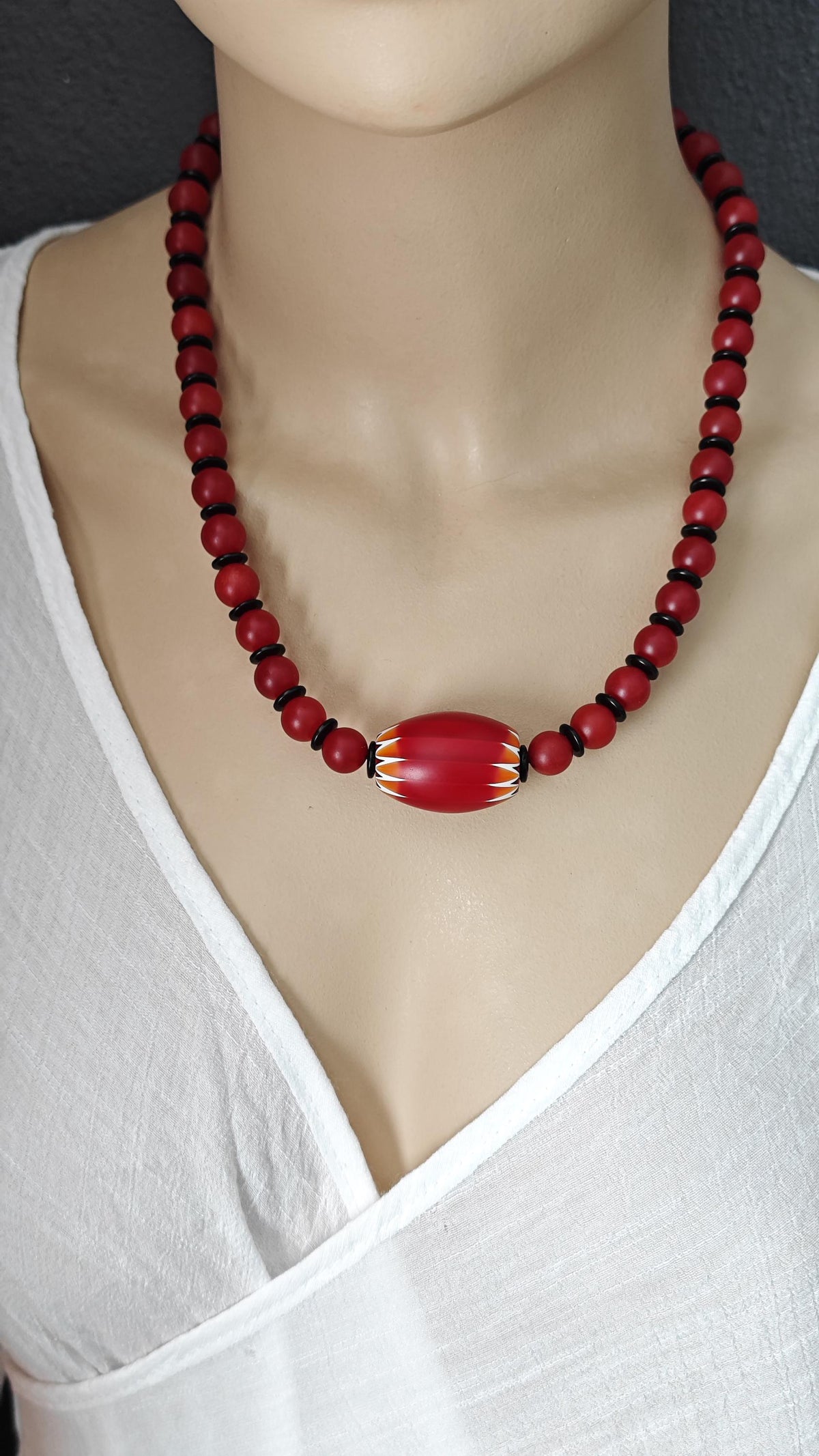 Red Chevron African Trade Bead Necklace, Nan Hong Agate, Coconut Disc, Stainless Steel Clasp