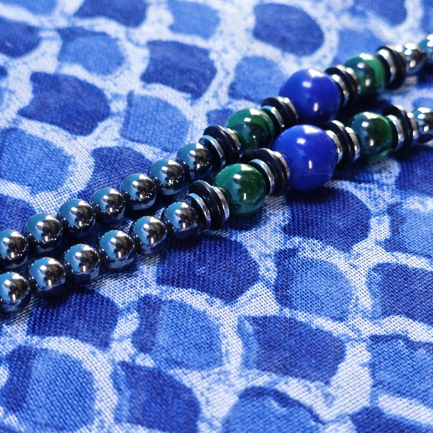 Malachite Lapis Lazuli Hematite Beaded Necklace, Ethnic Boho Double Layer Jewelry