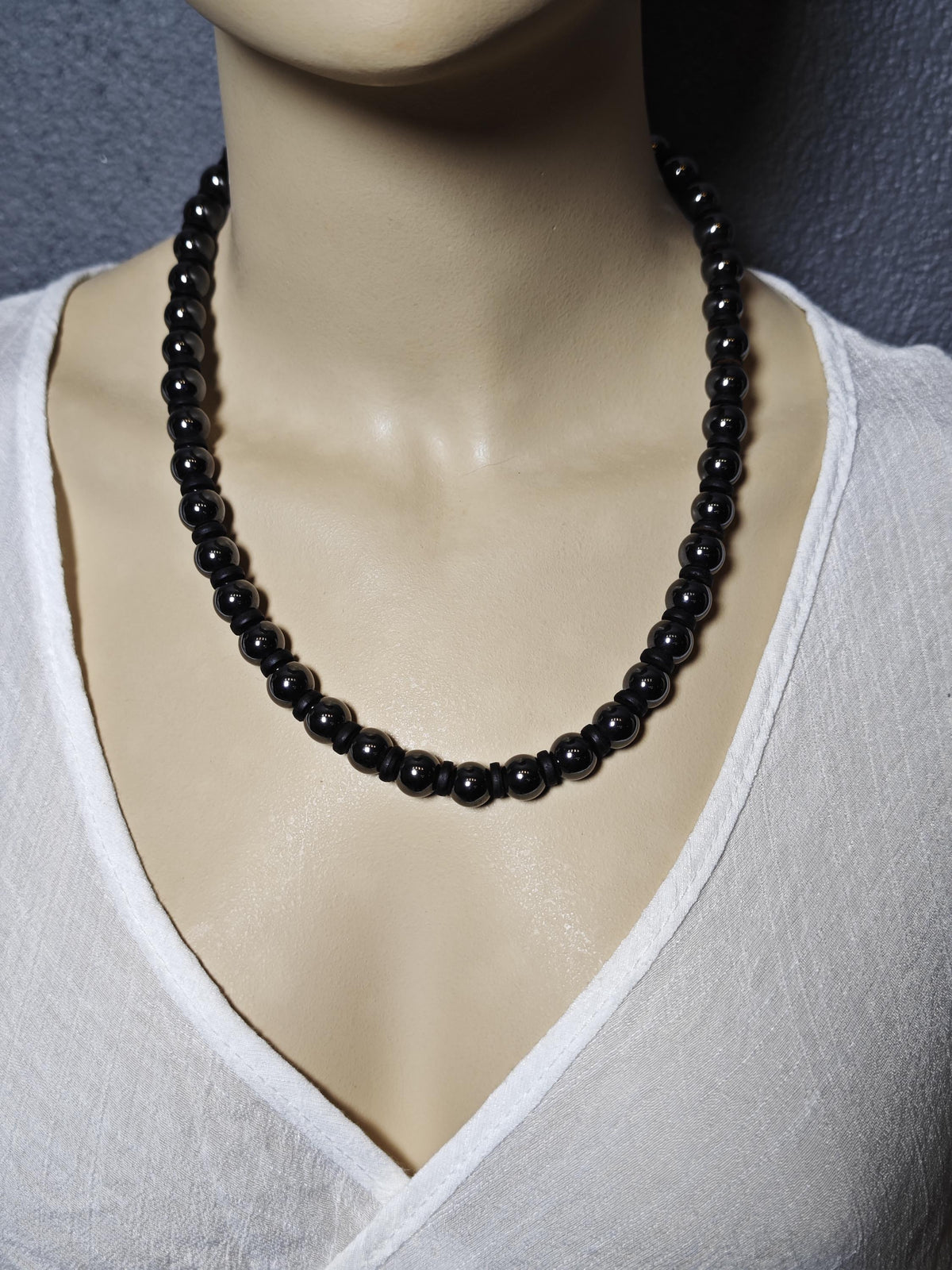 Hematite Beaded Necklace, Coconut Shell Surfer Choker, Metallic Black Stone Jewelry, Unisex Layering Chain, Couples Matching Gift, 54cm 56cm