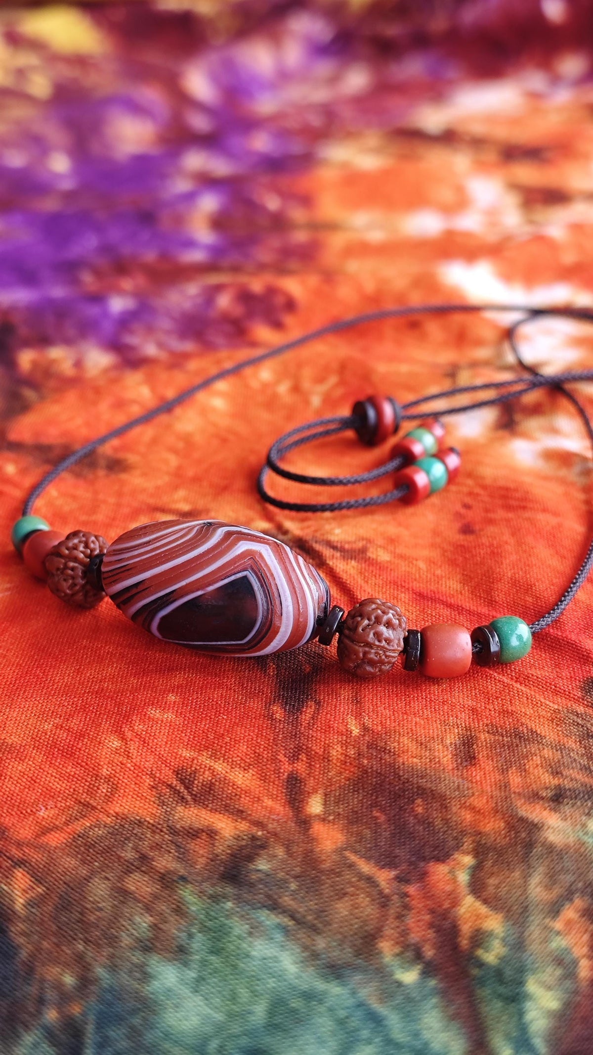 Tibetan Banded Agate Dzi Pendant Necklace, Rudraksha Turquoise Mala, Boho Amulet