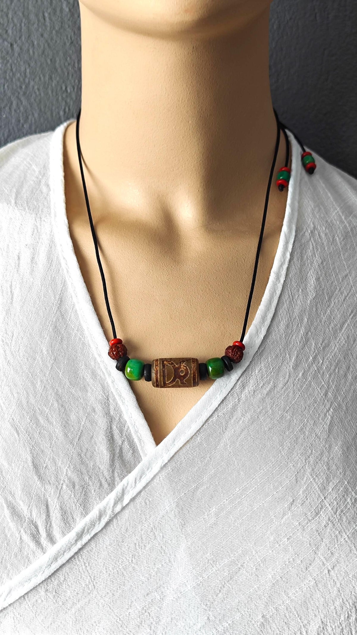 Vintage Tibetan Dzi Bead Necklace, Nan Hong Agate, Turquoise Choker, Tribal Boho Amulet (40-65cm)