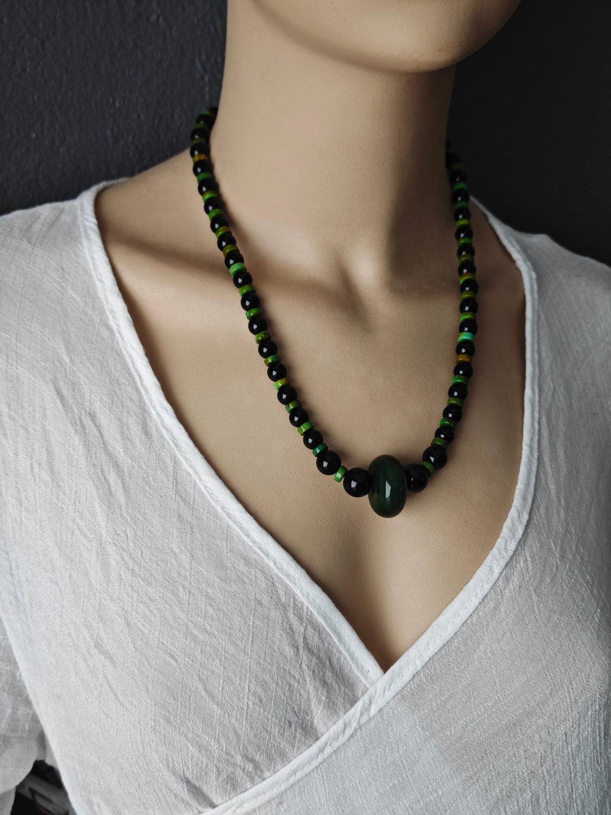 Natural Green Jade Pendant Necklace with Black Onyx & Turquoise | Adjustable Ethnic Bohemian Jewelry