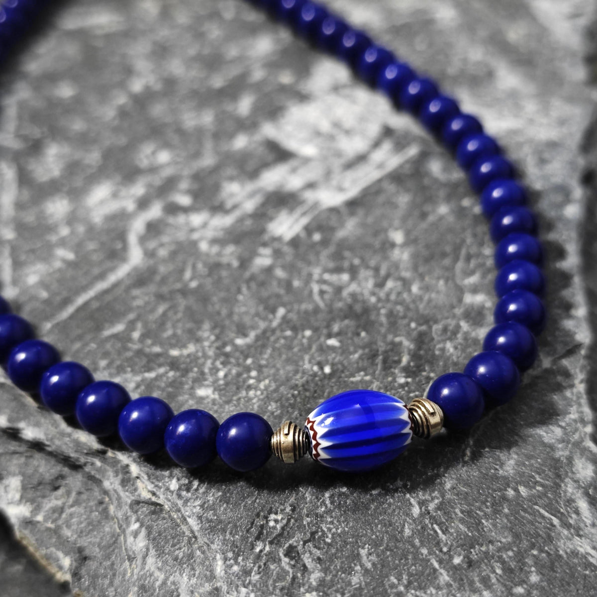Lapis Lazuli Beaded Necklace, African Trade Bead Focal, Silver Accent Choker