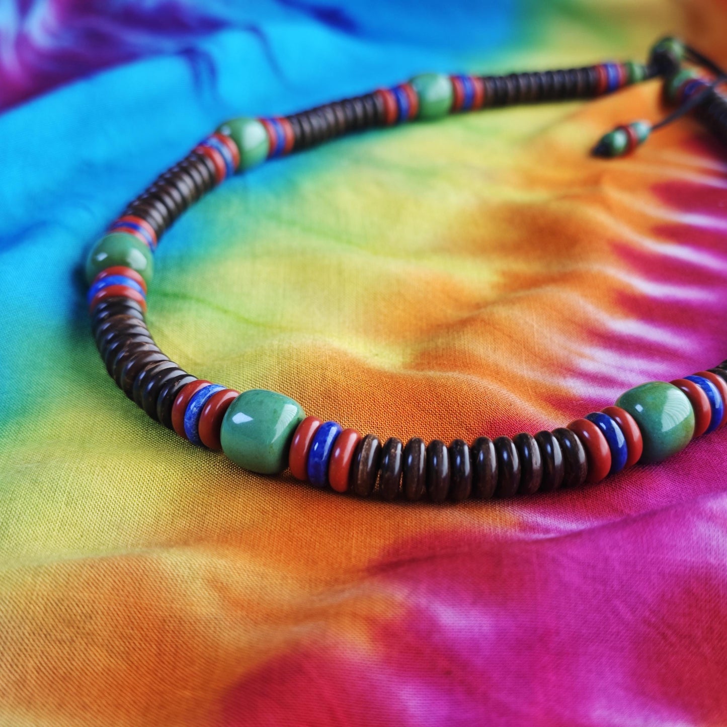 Turquoise & Lapis Lazuli Beaded Necklace, Coconut Shell Surfer Necklace, Nan Hong Red Agate Boho Jewelry, Natural Gemstone Choker 53cm