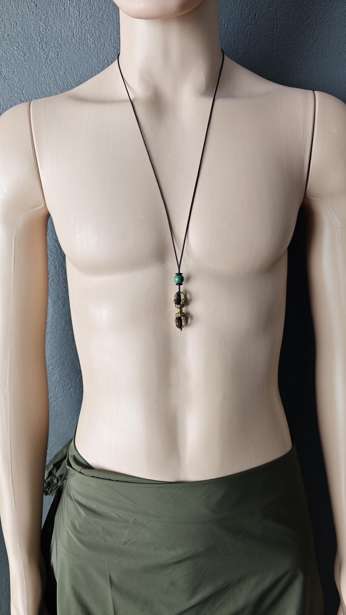 Brass Dorje Vajra Pendant Necklace, Turquoise Gemstone Choker, Tibetan Protection Amulet, Spiritual Yoga Gift, Adjustable Cord 40-76cm