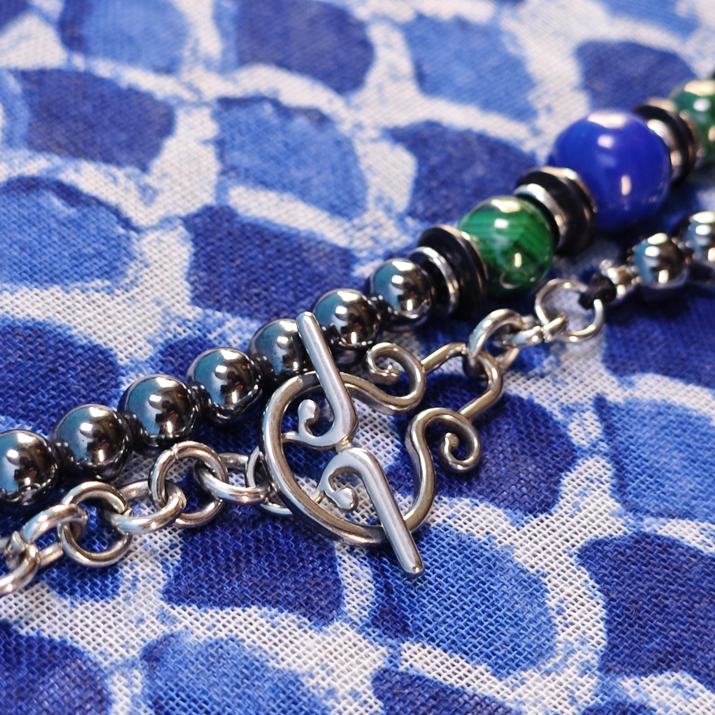 Malachite Lapis Lazuli Hematite Beaded Necklace, Ethnic Boho Double Layer Jewelry