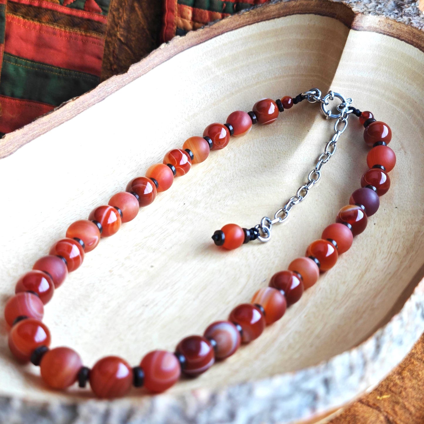Banded Agate Beaded Necklace, Red Brown Matte & Glossy Gemstone Choker, Earthy Boho Jewelry, Coconut Shell Spacers, Unisex Adjustable 47cm