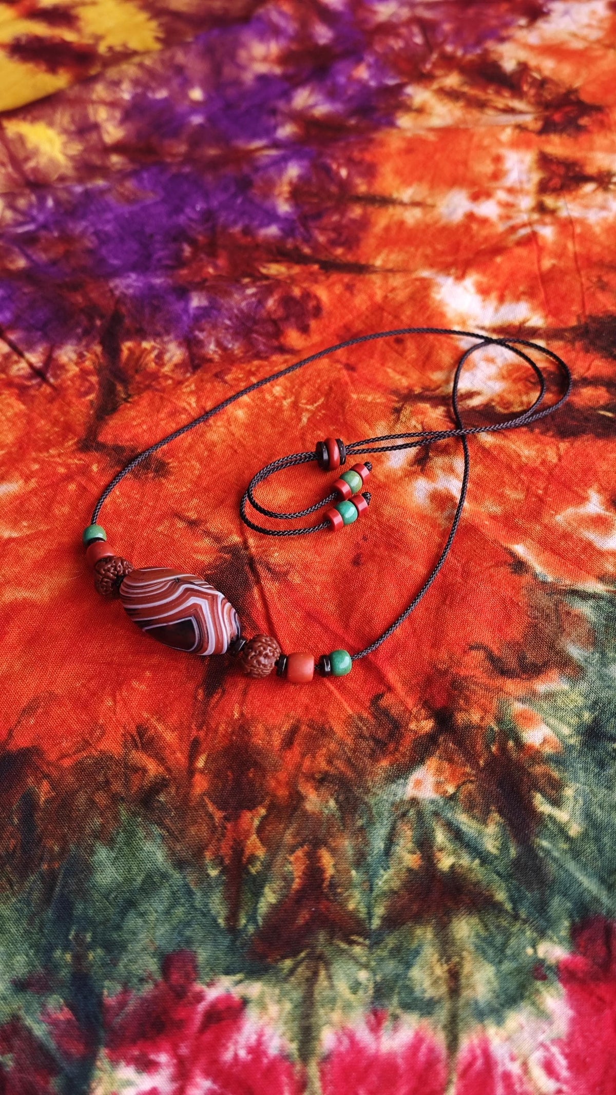 Tibetan Banded Agate Dzi Pendant Necklace, Rudraksha Turquoise Mala, Boho Amulet