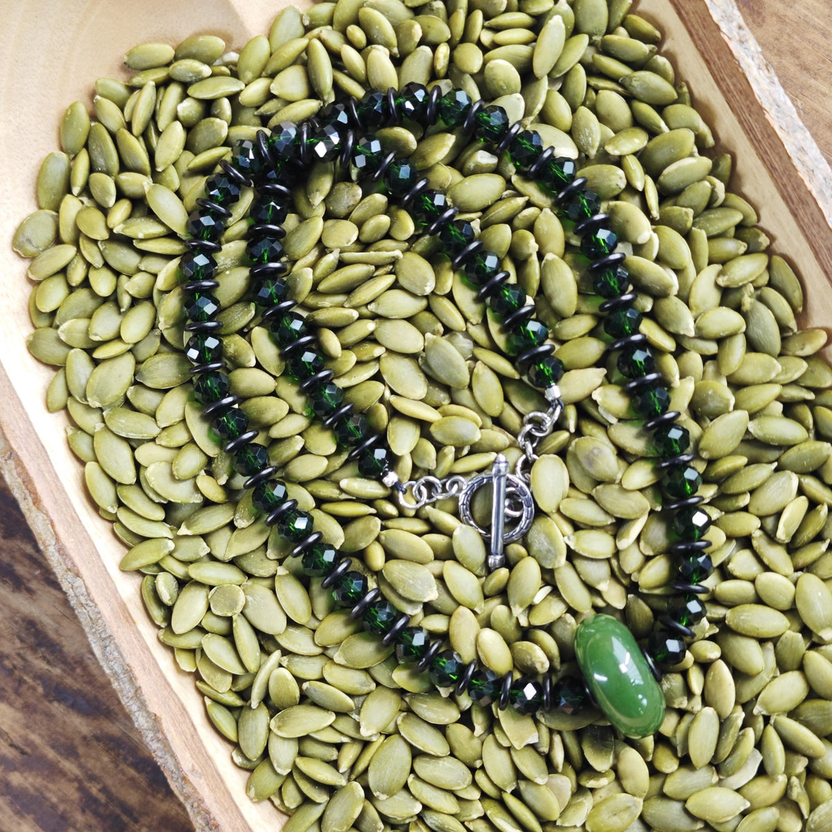 Green Jade Pendant Necklace, Emerald Green Liuli Beaded Choker, Coconut Shell Spacer Boho Jewelry, Stainless Toggle Clasp Necklace 56cm