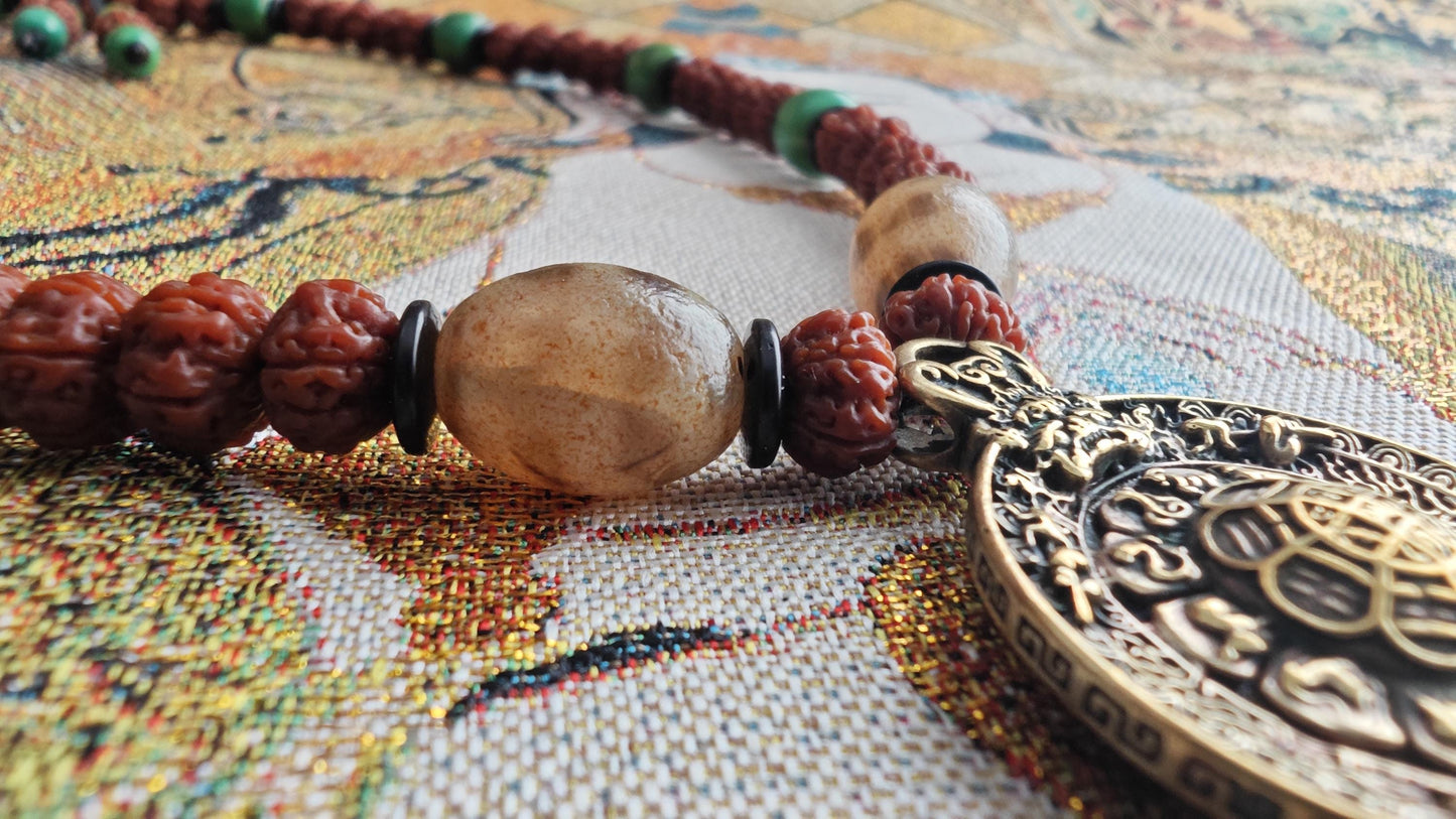 Vintage Tibetan Brass Pendant Necklace, Rudraksha Turquoise Boho Tribal Amulet