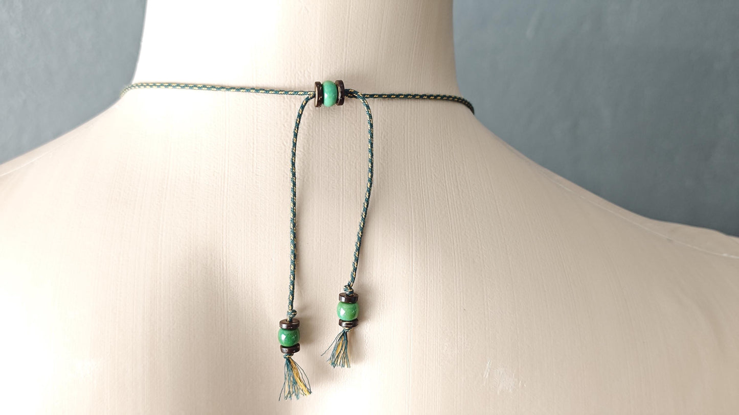 Tibetan Banded Dzi Bead Necklace, Hand Carved Yak Bone & Hardwood, Turquoise Tribal Amulet, Boho Adjustable Cord Choker for Men Women