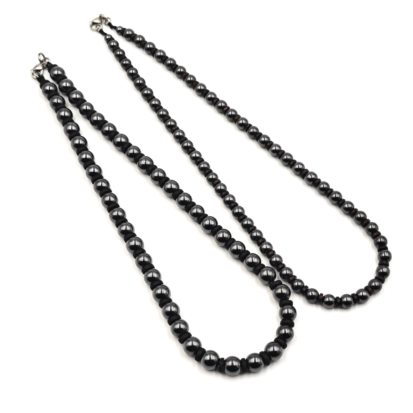 Hematite Beaded Necklace, Coconut Shell Surfer Choker, Metallic Black Stone Jewelry, Unisex Layering Chain, Couples Matching Gift, 54cm 56cm