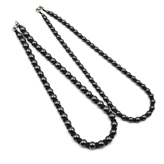 Hematite Beaded Necklace, Coconut Shell Surfer Choker, Metallic Black Stone Jewelry, Unisex Layering Chain, Couples Matching Gift, 54cm 56cm