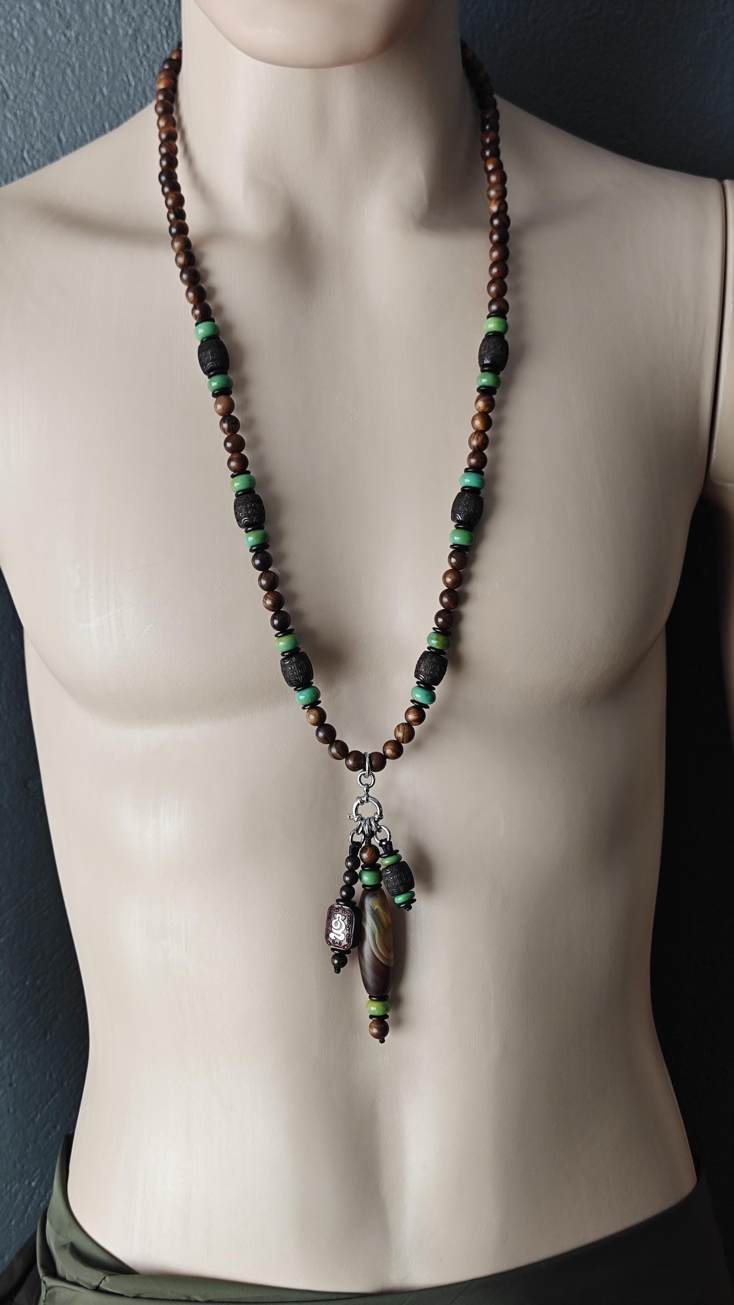Vintage Tibetan Banded Agate Dzi Necklace, Hardwood Turquoise Mala Statement, Tribal Boho Amulet
