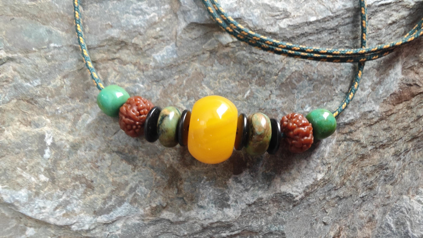 Natural Yellow Jade Focal Bead Necklace, Turquoise Rudraksha Mala Choker, Coconut Shell Ethnic Tribal Jewelry, Unisex Adjustable 42-70cm