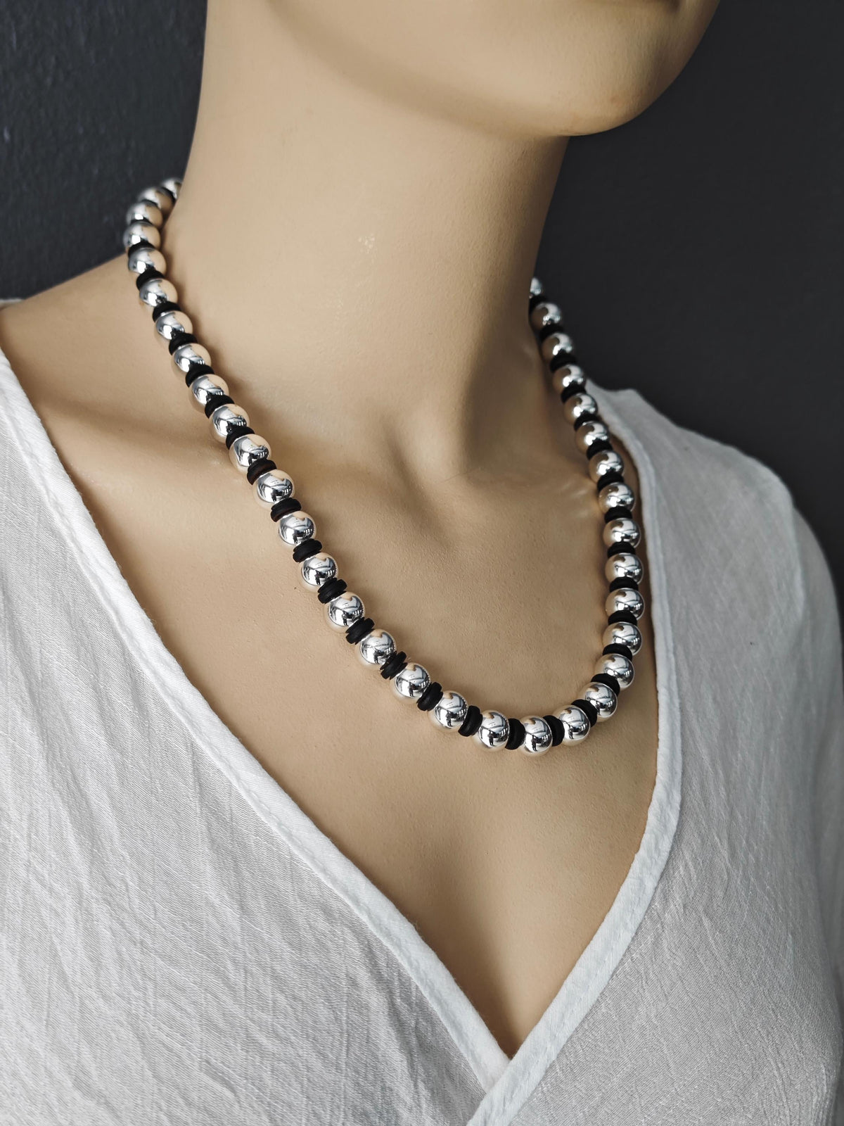 Handmade Hematite & Coconut Beaded Necklace | Silver Black Ethnic Boho Jewelry