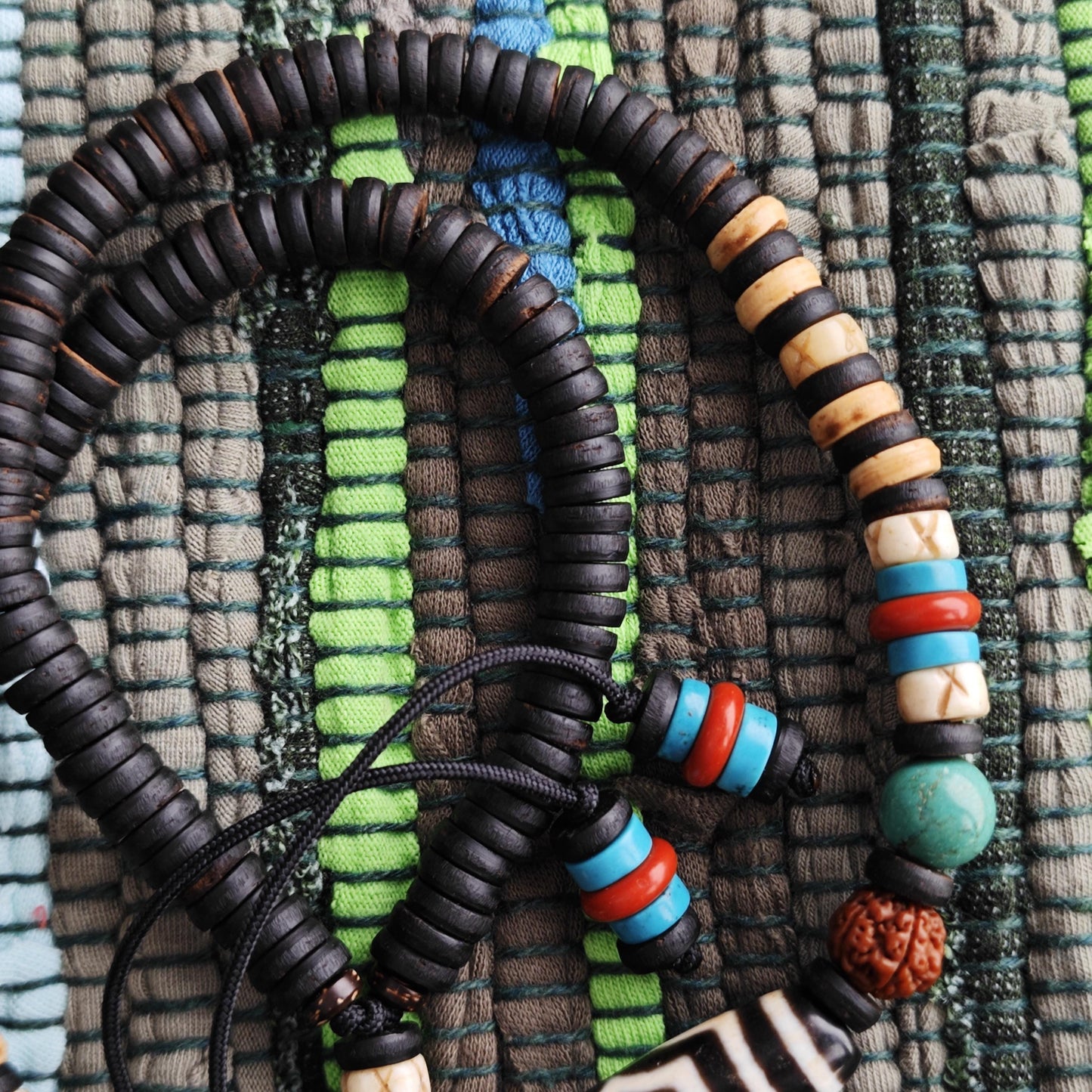 Tibetan Dzi Bead Necklace, Rudraksha Mala & Turquoise Boho Choker, Yak Bone Tribal Jewelry, Spiritual Meditation Surfer Necklace 50cm