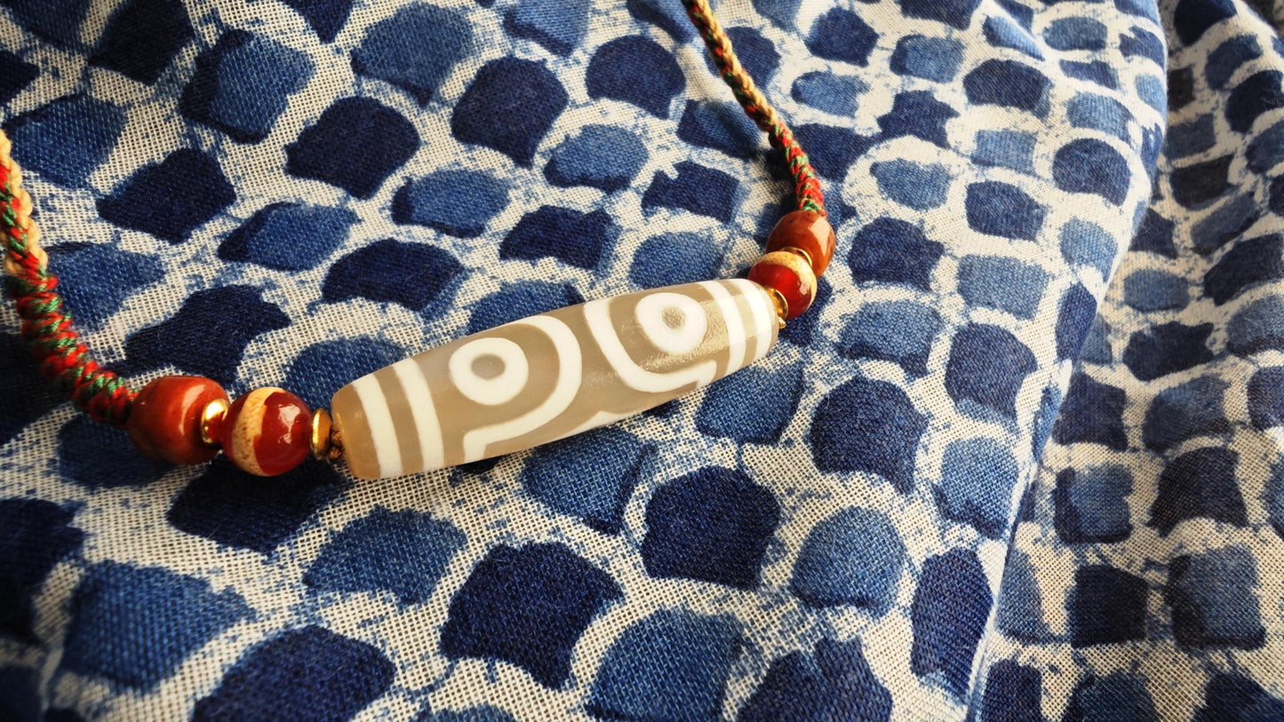 Tibetan White Dzi Bead Necklace, Hand-Braided Colorful Cord Choker, Aged Yak Bone & Red Dzi Amulet, Adjustable Spiritual Gift 40-70cm