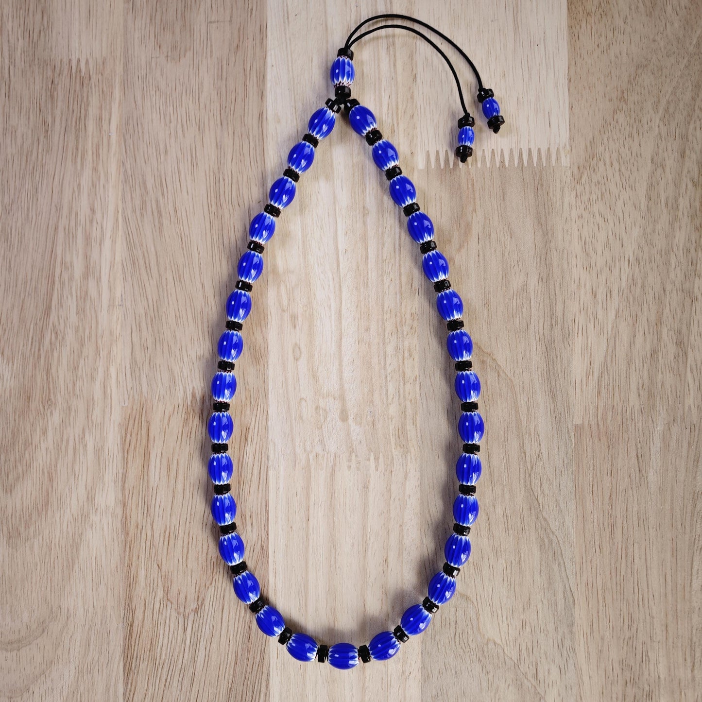 Blue Chevron African Trade Beads Necklace, Coconut Shell Choker, Tribal Boho Glass Jewelry