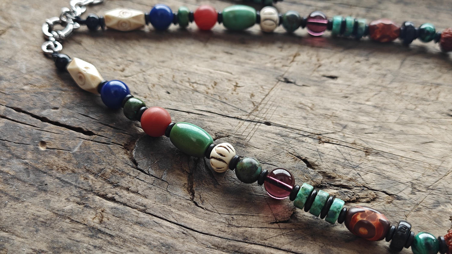 Vintage 3-Eye Dzi Bead Multi Gemstone Necklace, Turquoise Lapis Lazuli Mala, Boho Yoga Amulet