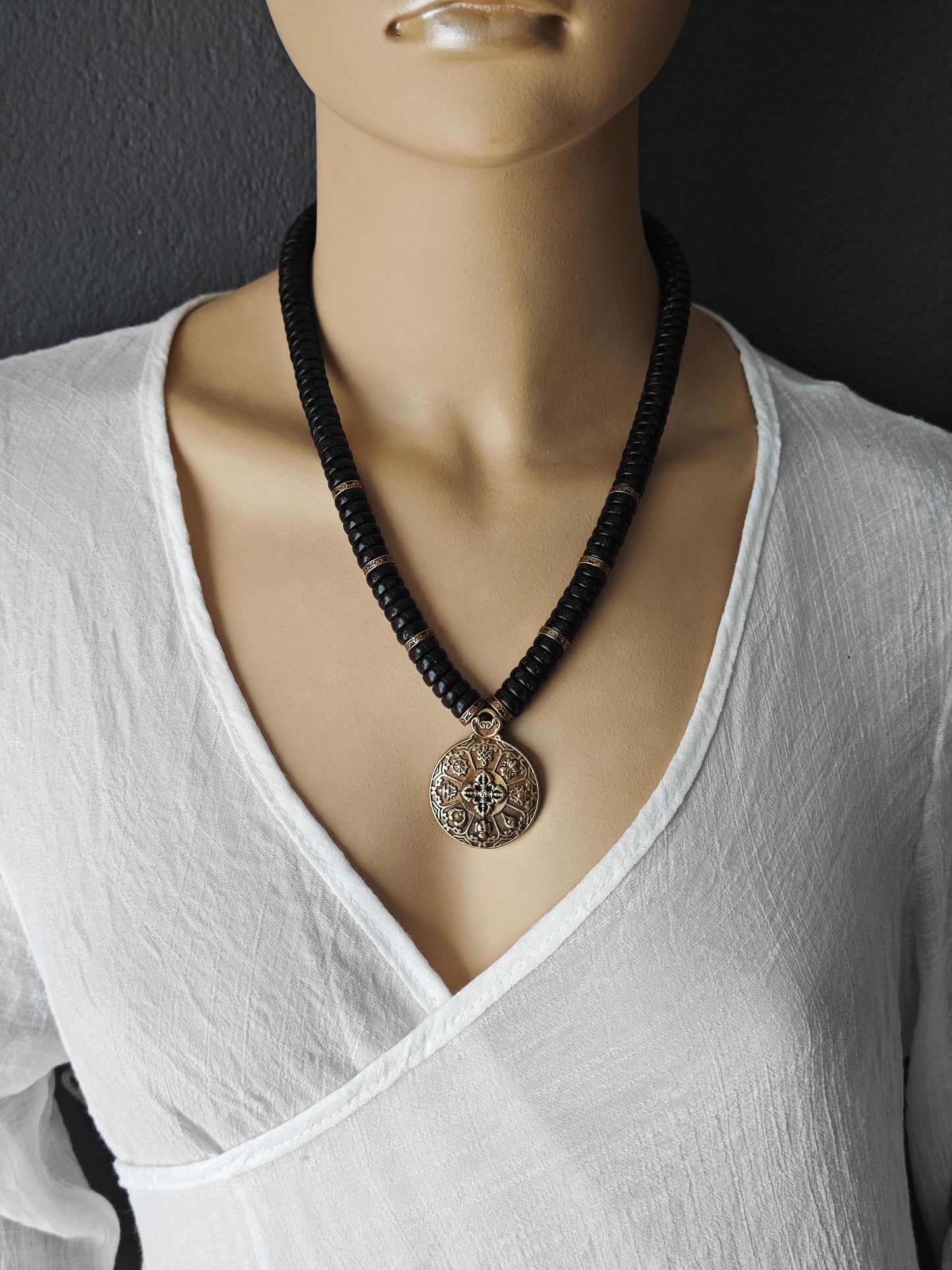 Handmade Copper Pendant Necklace, Om Mani Padme Hum Coconut Beads, Tibetan Ethnic Spiritual Jewelry