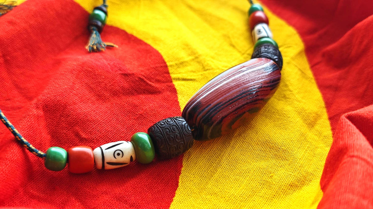 Tibetan Banded Dzi Bead Necklace, Hand Carved Yak Bone & Hardwood, Turquoise Tribal Amulet, Boho Adjustable Cord Choker for Men Women
