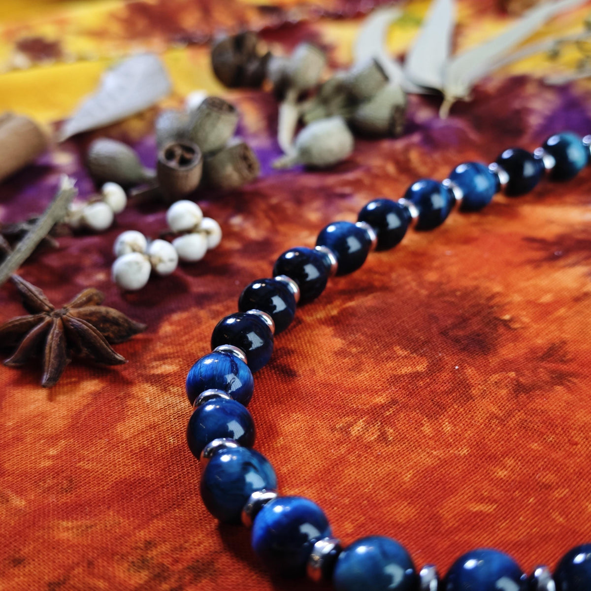 Handmade Blue Tiger's Eye Necklace with Hematite, Adjustable Ethnic Boho Jewelry