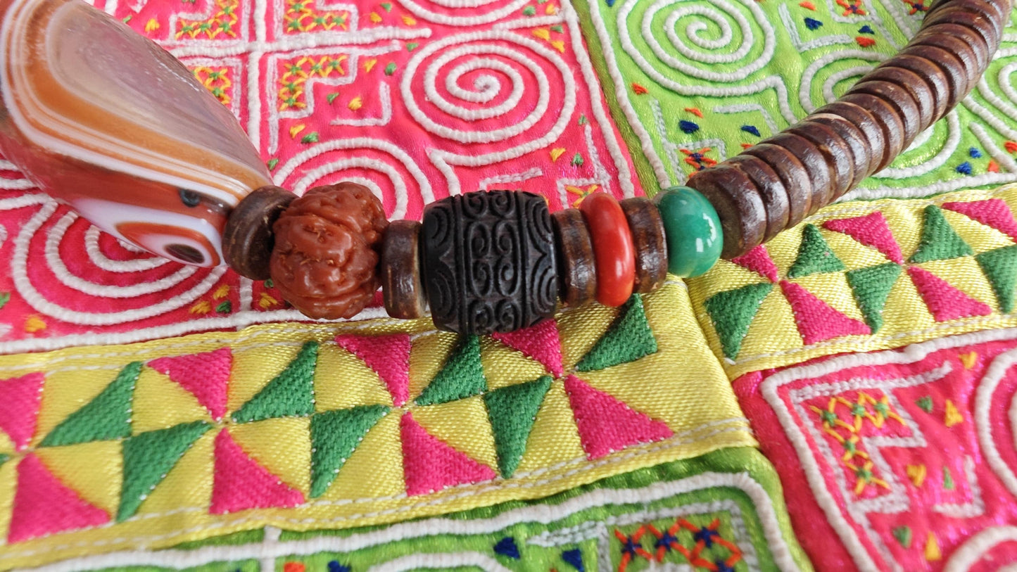 Vintage Banded Agate Bead Necklace, Rudraksha Mala Hand Carved Wood Choker, Turquoise Coconut Disc Amulet, Tribal Jewelry 46-68cm