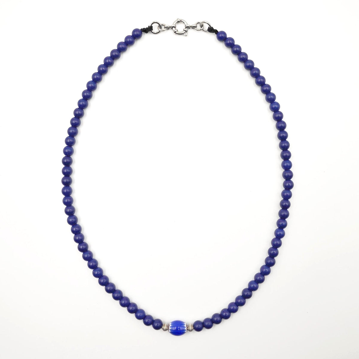Lapis Lazuli Beaded Necklace, African Trade Bead Focal, Silver Accent Choker