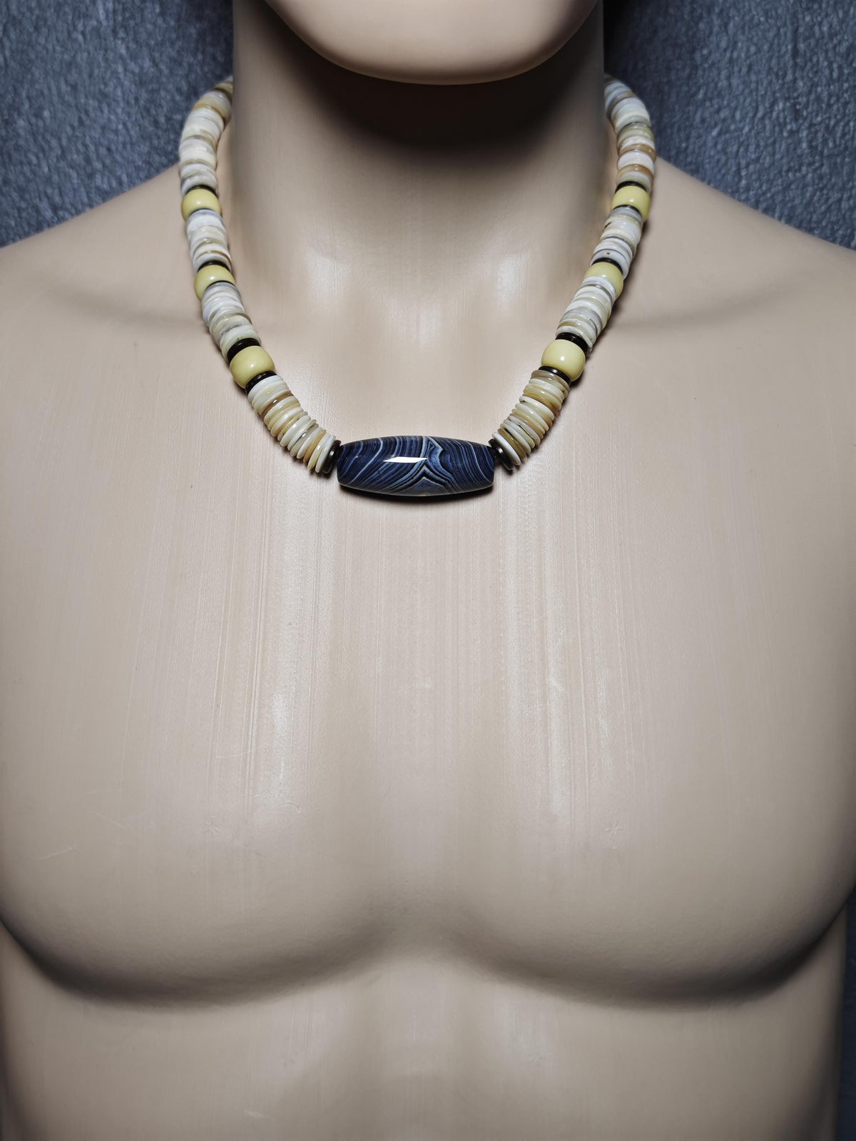Banded Agate Statement Necklace, Natural Yak Bone Choker, Coconut Disc Beaded Chain, Tribal Boho Amulet, Adjustable Men Women Gift 52-64cm
