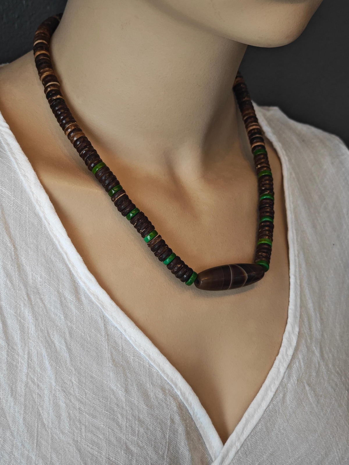 Tibetan Dzi Bead Necklace, Sardonyx Agate, Turquoise, Coconut Shell, Bohemian Jewelry
