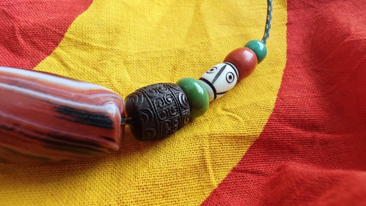 Tibetan Banded Dzi Bead Necklace, Hand Carved Yak Bone & Hardwood, Turquoise Tribal Amulet, Boho Adjustable Cord Choker for Men Women