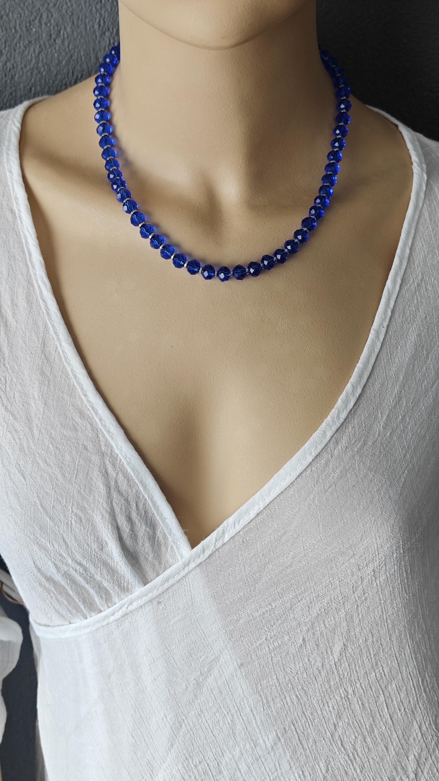 Cobalt Royal Blue Liuli Beaded Necklace Earring Set, Hematite Spacer, 925 Sterling Silver Hook, Handmade Glass Jewelry Set, 42-50cm