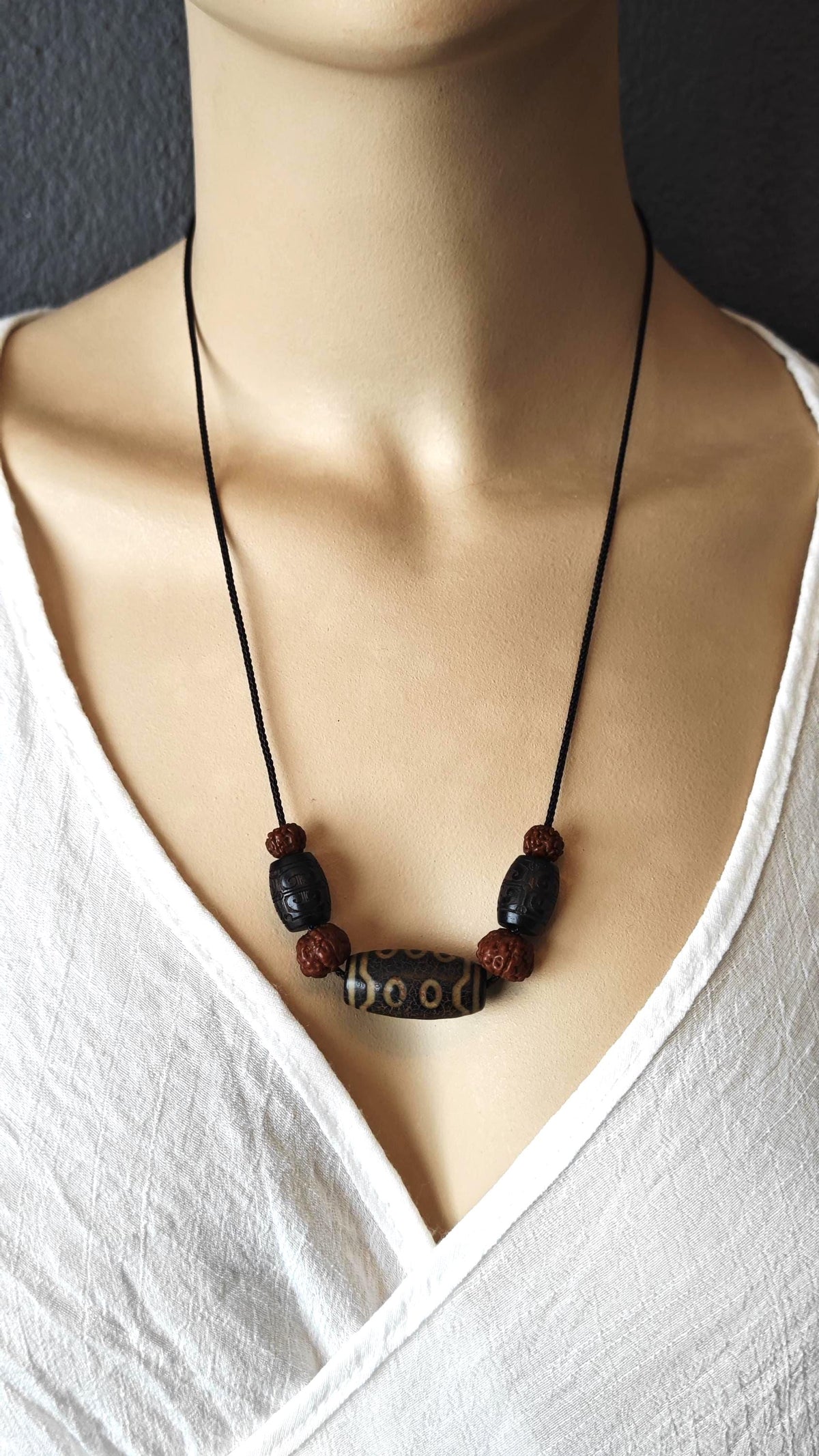 Vintage Tibetan Dzi Bead Necklace, Hand Carved Hardwood Choker, Rudraksha Mala Jewelry (40-65cm)