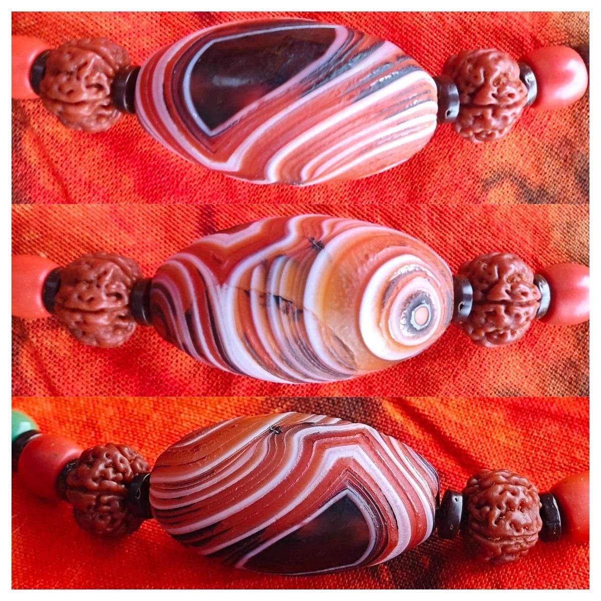 Tibetan Banded Agate Dzi Pendant Necklace, Rudraksha Turquoise Mala, Boho Amulet