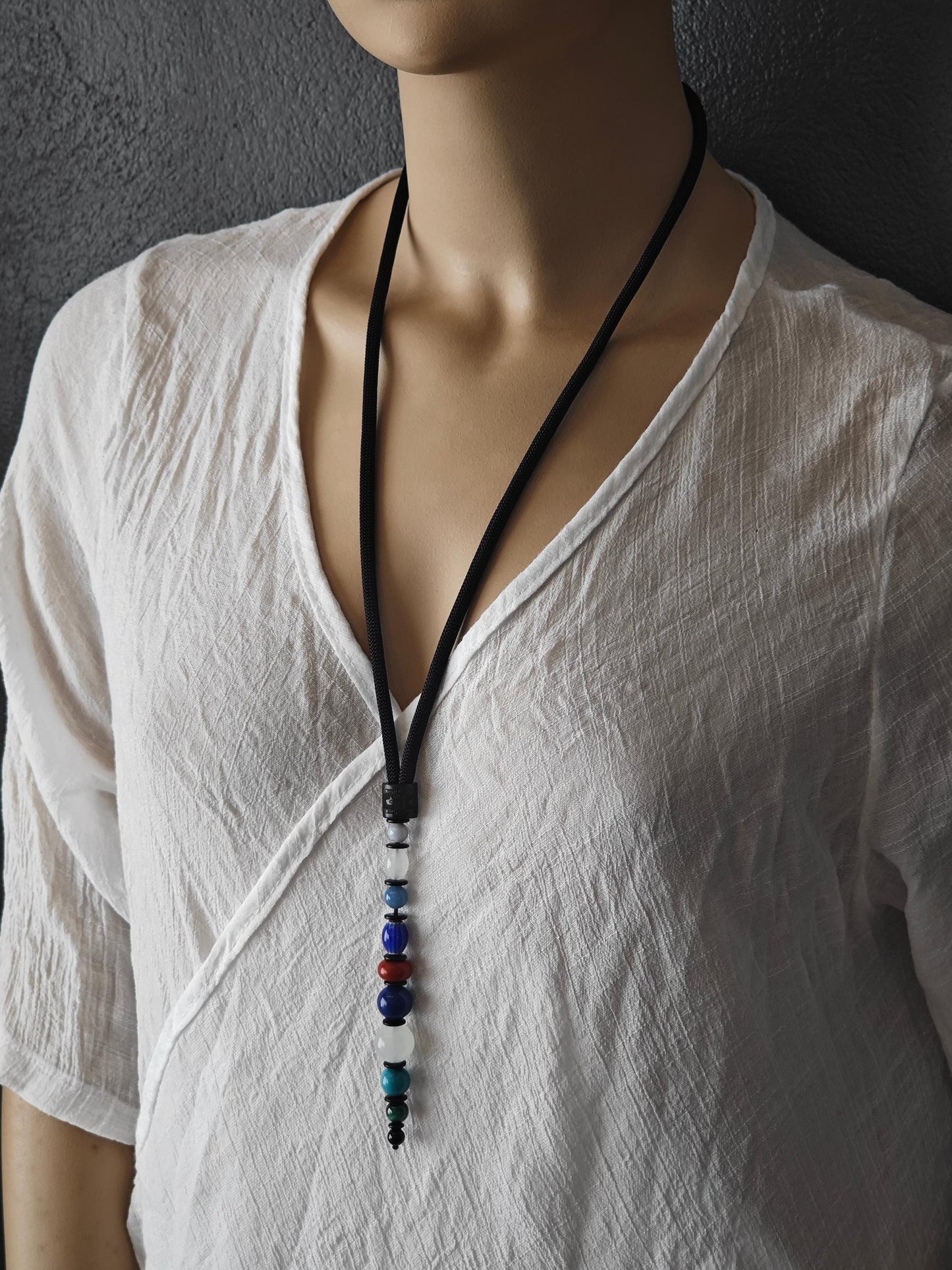Multi-Gemstone Beaded Pendant Necklace, Mutton Fat White Jade, Lapis Lazuli, Turquoise, African Trade Bead, Long Boho Black Cord Necklace
