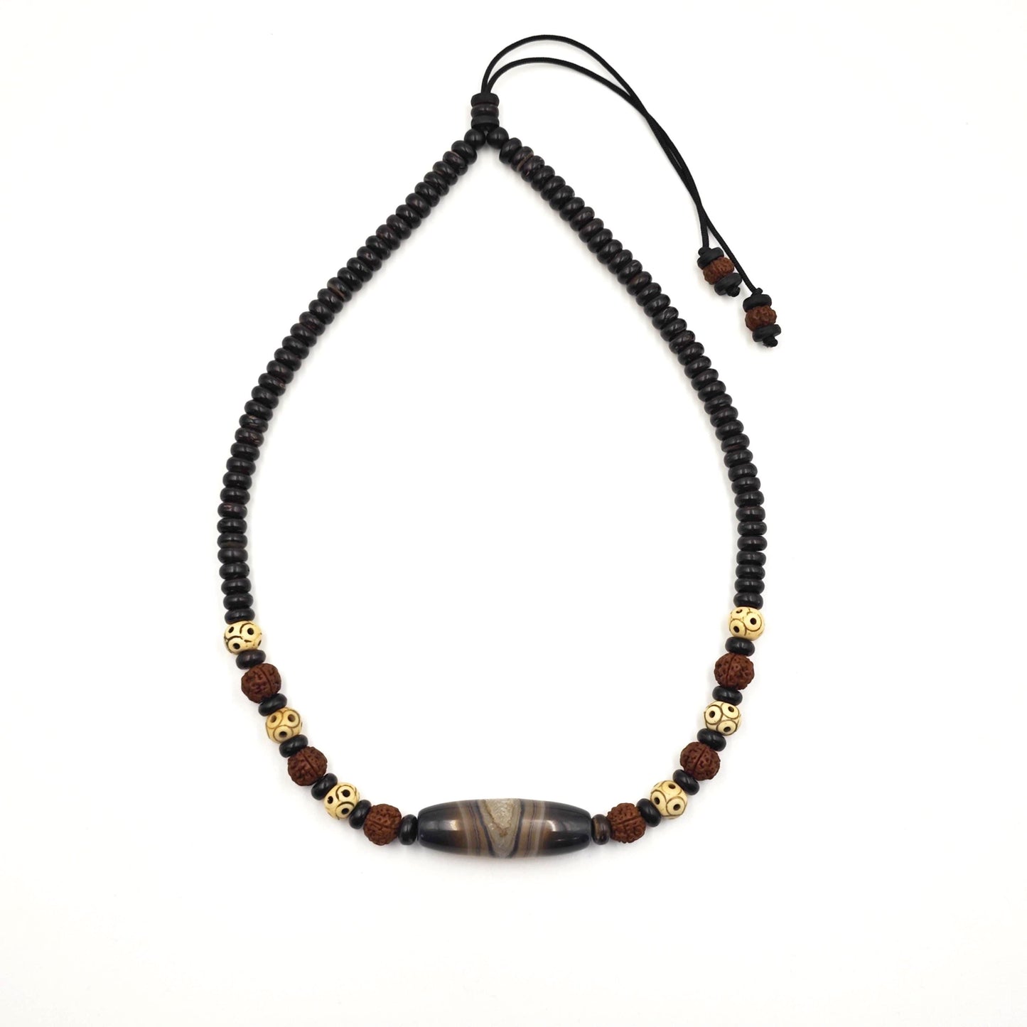 Handmade Sardonyx Agate Necklace with Rudraksha & Yak Bone, Ethnic Spiritual Boho Jewelry