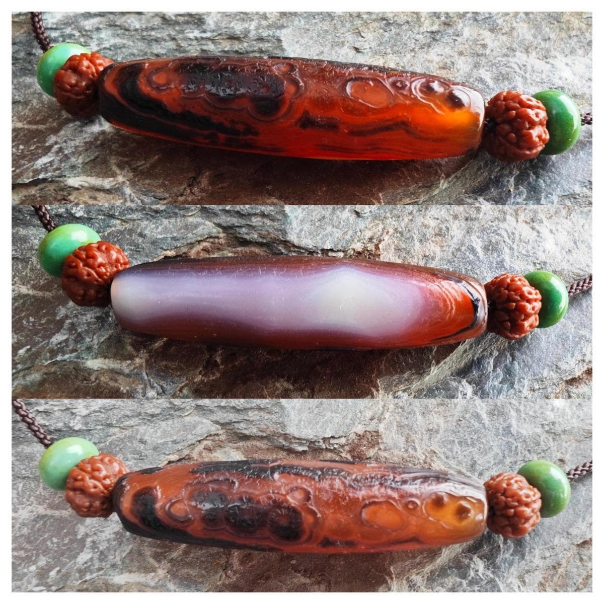 Tibetan Banded Agate Dzi Bead Necklace, Turquoise Rudraksha Mala Choker, Zen Tribal Boho Amulet, Adjustable Cord Pendant 40-70cm