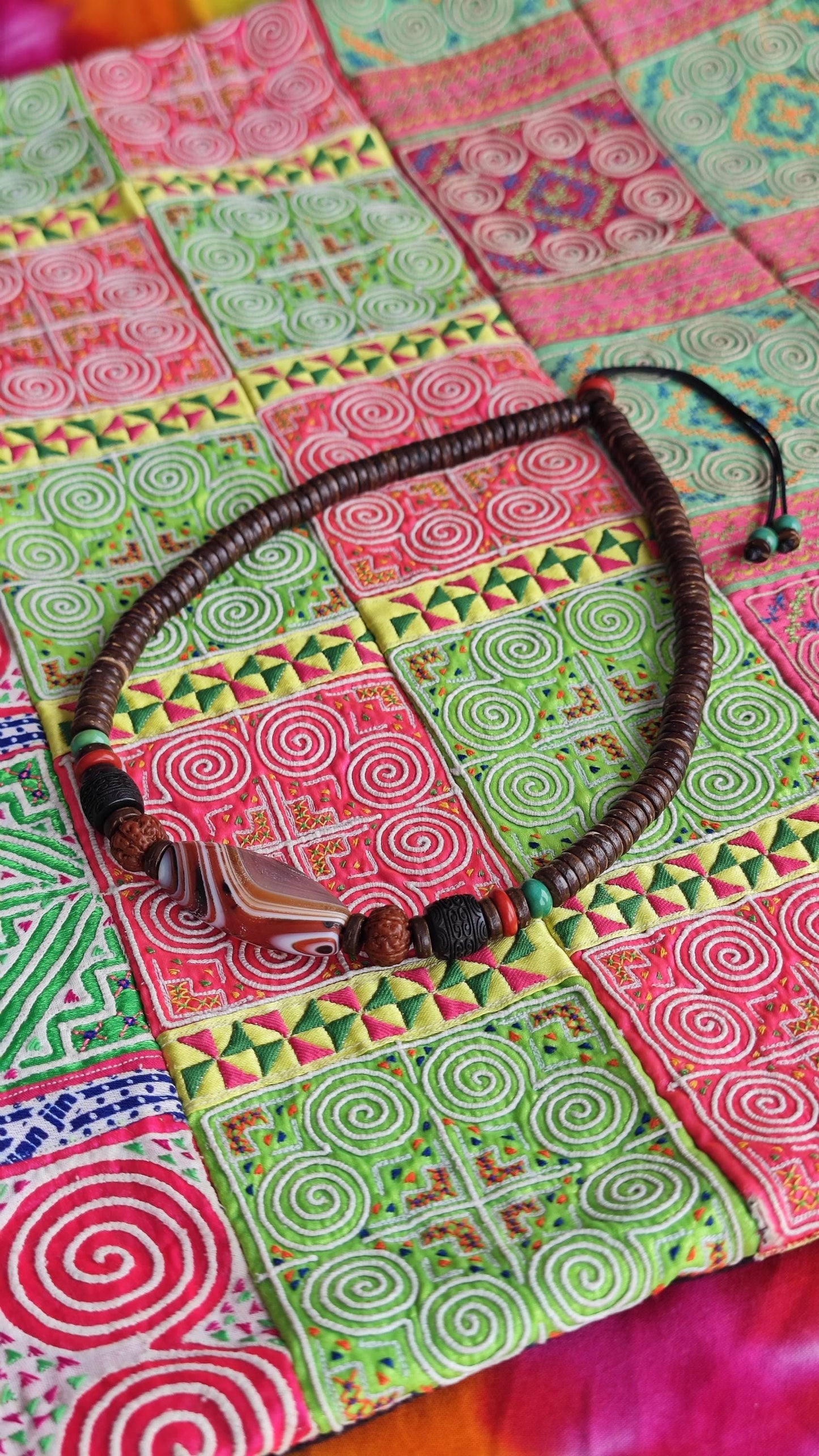 Vintage Banded Agate Bead Necklace, Rudraksha Mala Hand Carved Wood Choker, Turquoise Coconut Disc Amulet, Tribal Jewelry 46-68cm