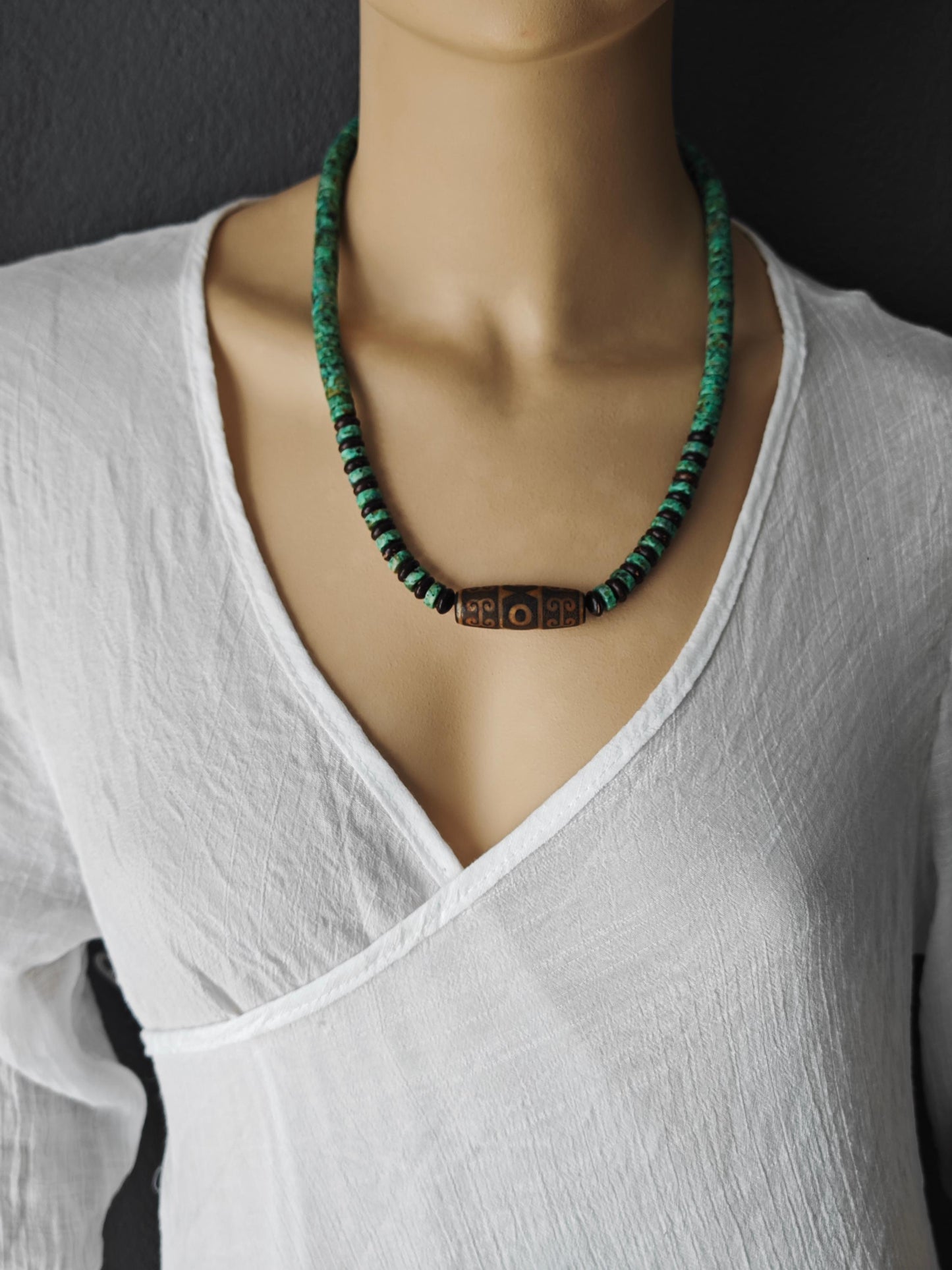 Handmade Vintage Dzi Bead Necklace with Turquoise & Coconut | Ethnic Spiritual Jewelry